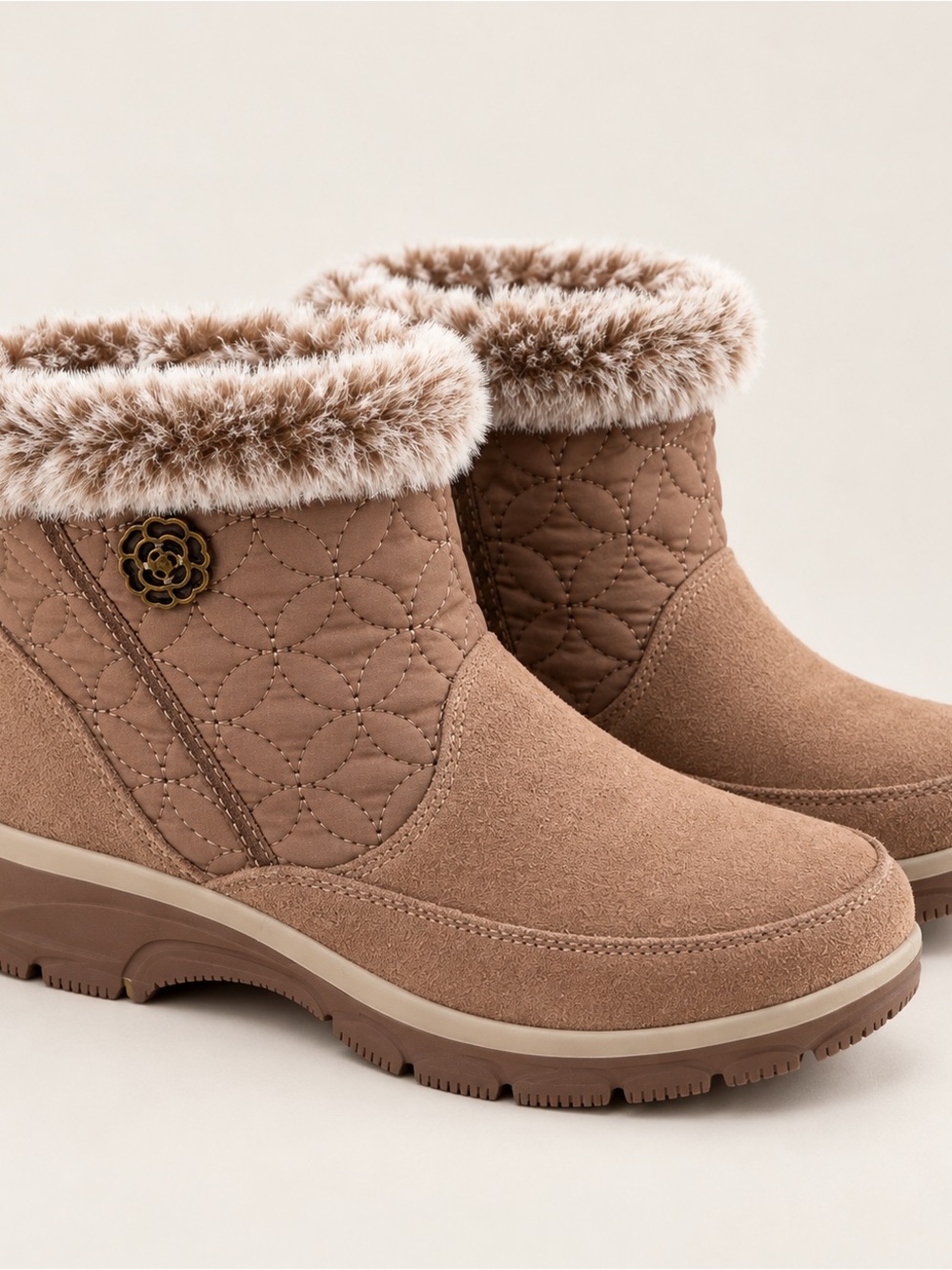 Skechers Quilted Faux-Fur Ankle Boot in Taupe